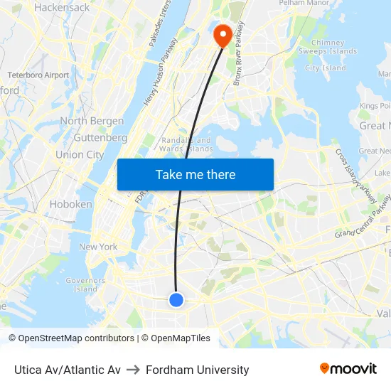 Utica Av/Atlantic Av to Fordham University map