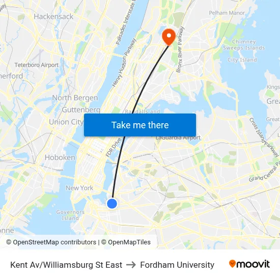 Kent Av/Williamsburg St East to Fordham University map