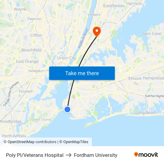 Poly Pl/Veterans Hospital to Fordham University map