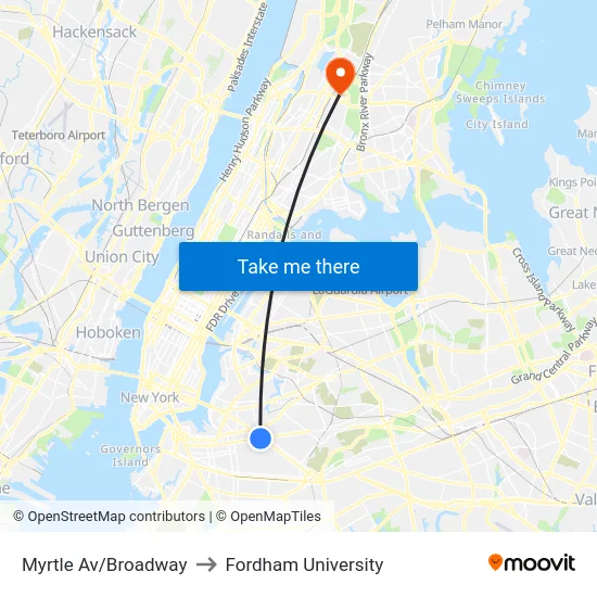 Myrtle Av/Broadway to Fordham University map