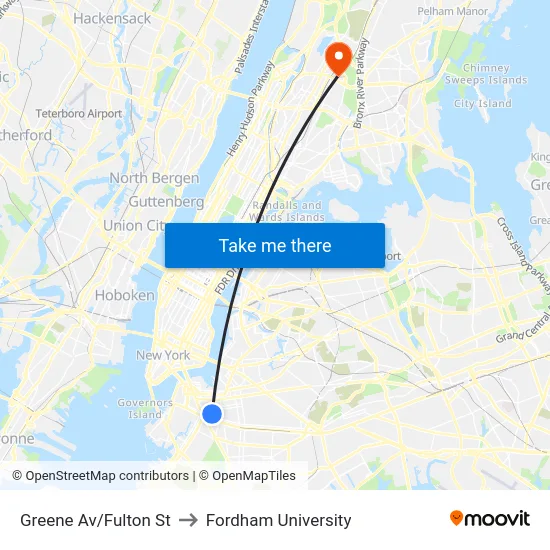 Greene Av/Fulton St to Fordham University map