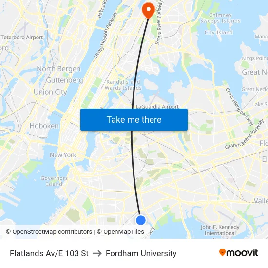 Flatlands Av/E 103 St to Fordham University map