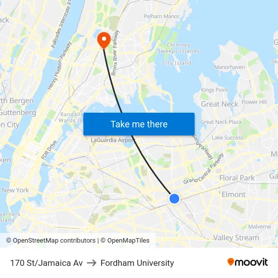 170 St/Jamaica Av to Fordham University map