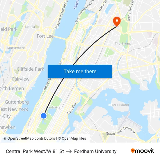 Central Park West/W 81 St to Fordham University map