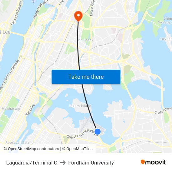 Laguardia/Terminal C to Fordham University map