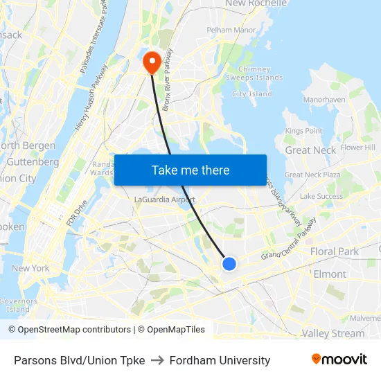 Parsons Blvd/Union Tpke to Fordham University map
