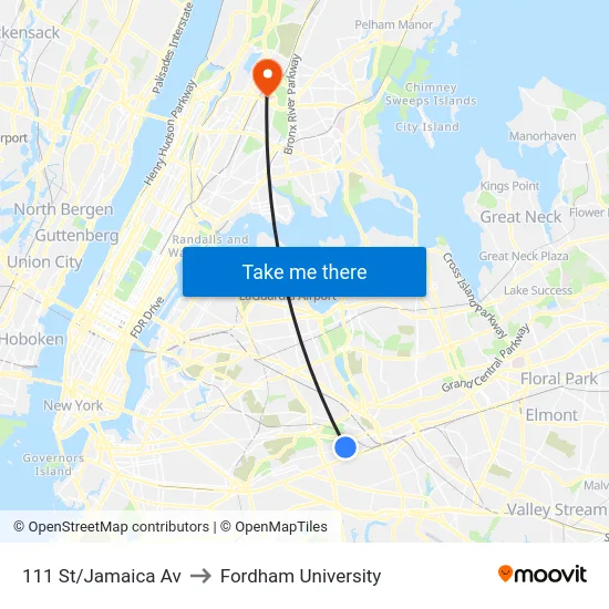 111 St/Jamaica Av to Fordham University map