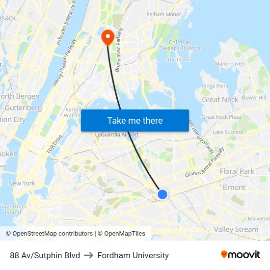 88 Av/Sutphin Blvd to Fordham University map