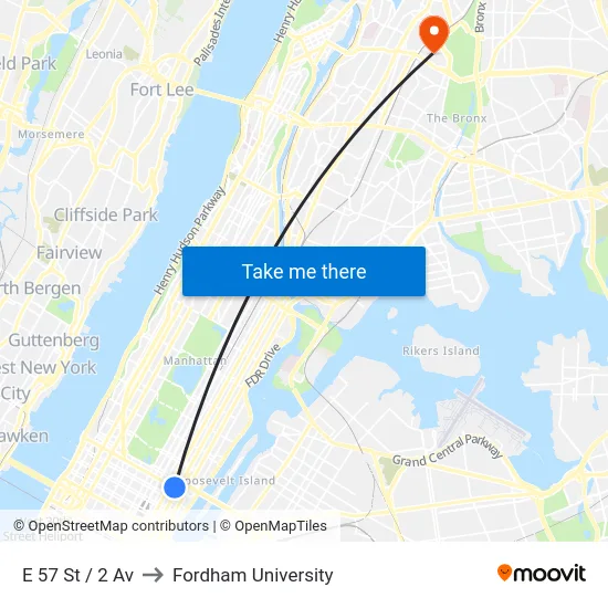 E 57 St / 2 Av to Fordham University map