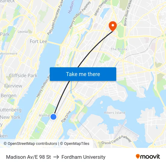 Madison Av/E 98 St to Fordham University map