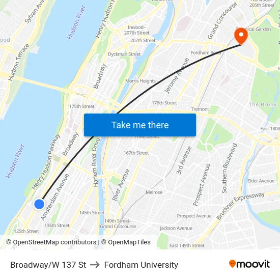 Broadway/W 137 St to Fordham University map