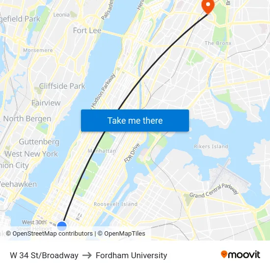 W 34 St/Broadway to Fordham University map