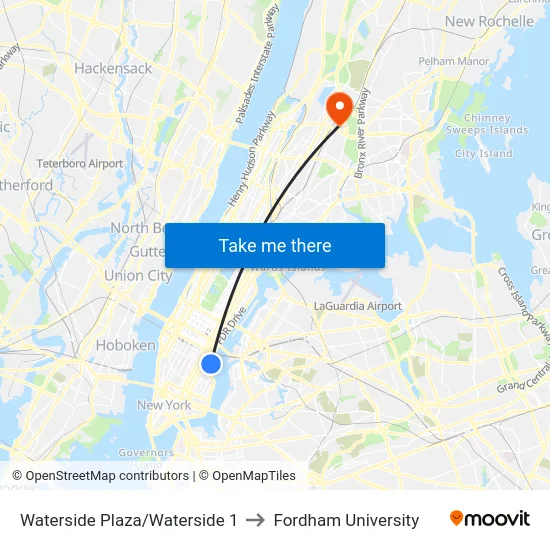 Waterside Plaza/Waterside 1 to Fordham University map