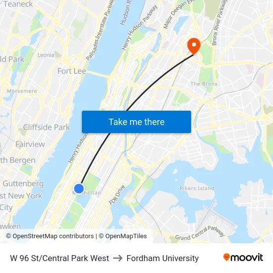 W 96 St/Central Park West to Fordham University map