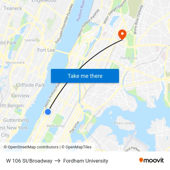 W 106 St/Broadway to Fordham University map