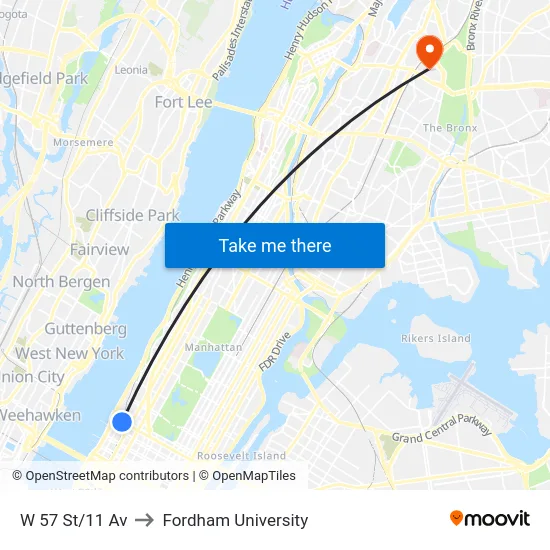 W 57 St/11 Av to Fordham University map