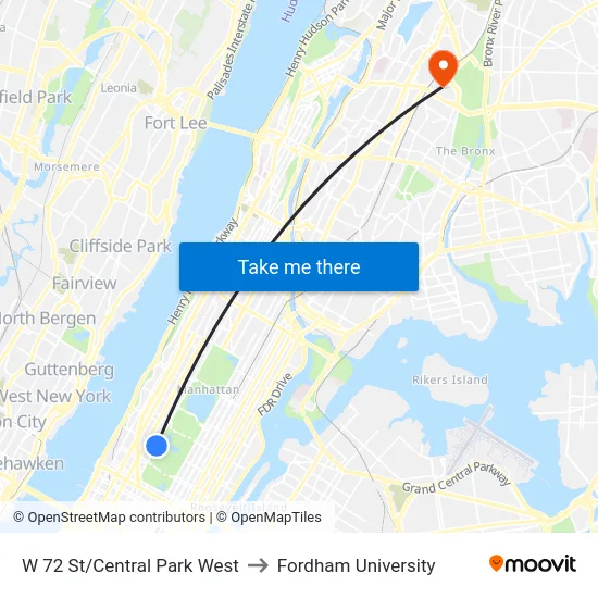 W 72 St/Central Park West to Fordham University map