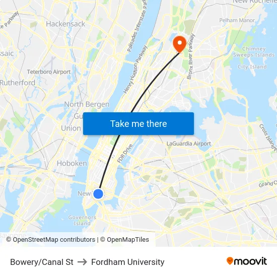 Bowery/Canal St to Fordham University map