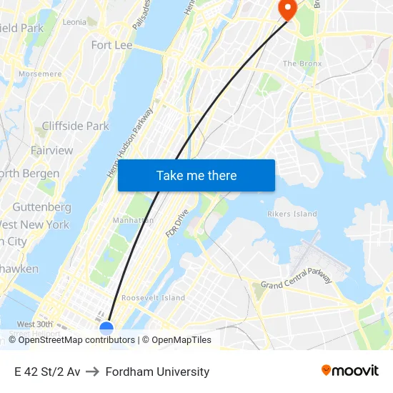 E 42 St/2 Av to Fordham University map