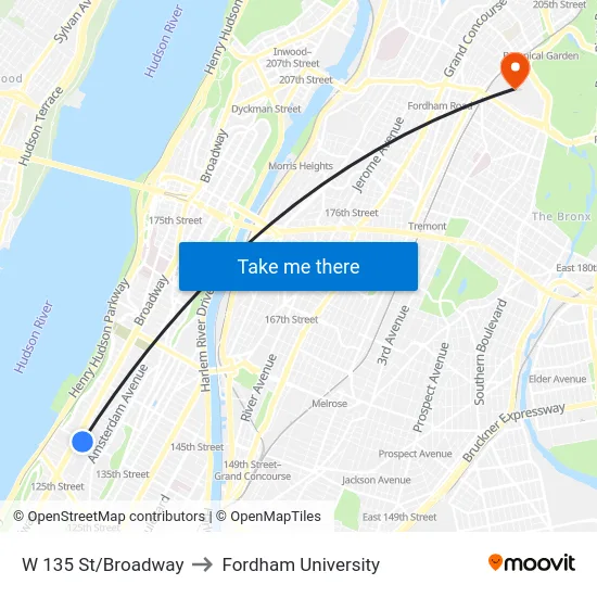 W 135 St/Broadway to Fordham University map