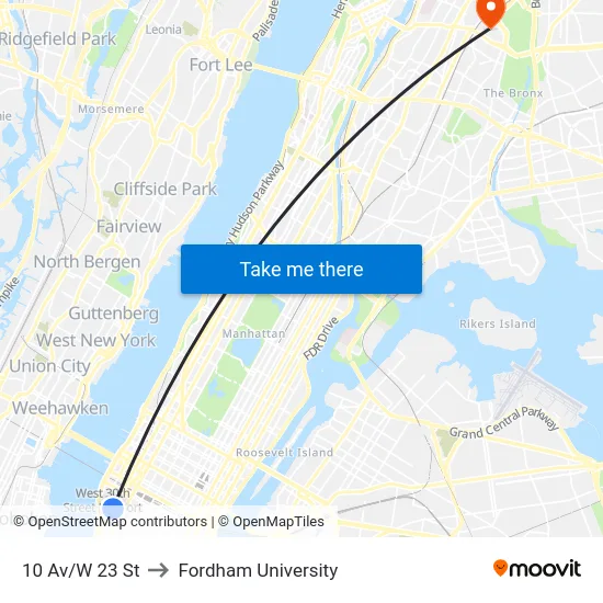 10 Av/W 23 St to Fordham University map