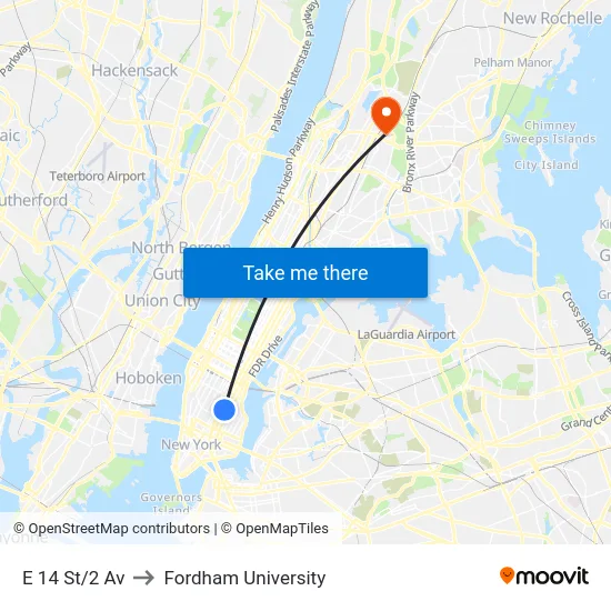 E 14 St/2 Av to Fordham University map