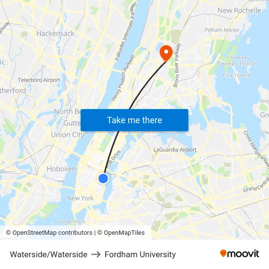 Waterside/Waterside to Fordham University map