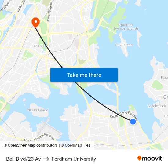 Bell Blvd/23 Av to Fordham University map