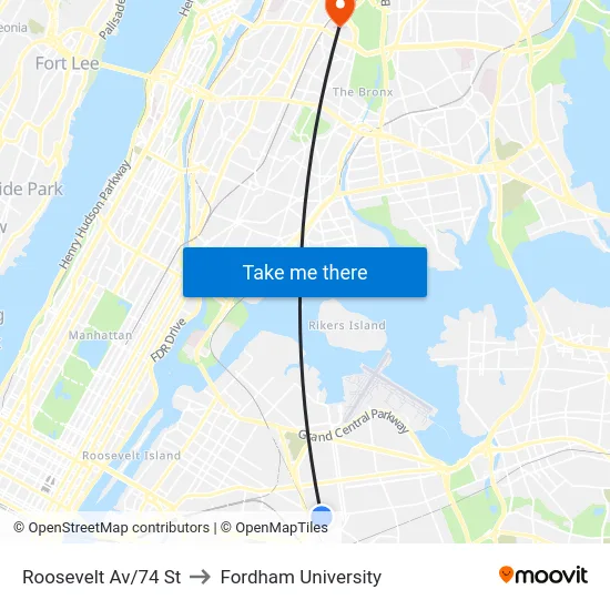 Roosevelt Av/74 St to Fordham University map