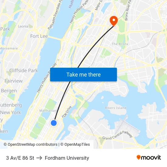 3 Av/E 86 St to Fordham University map