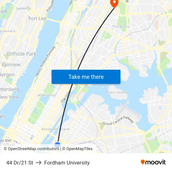44 Dr/21 St to Fordham University map