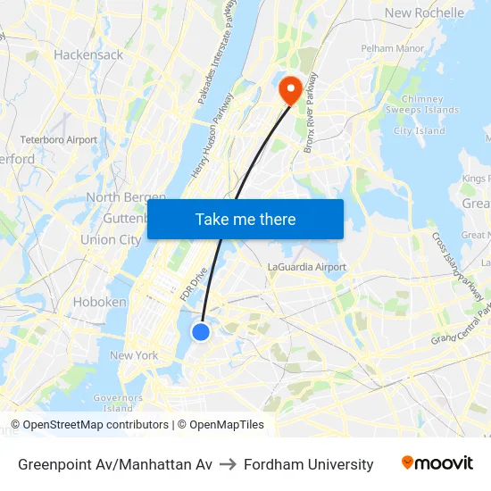 Greenpoint Av/Manhattan Av to Fordham University map