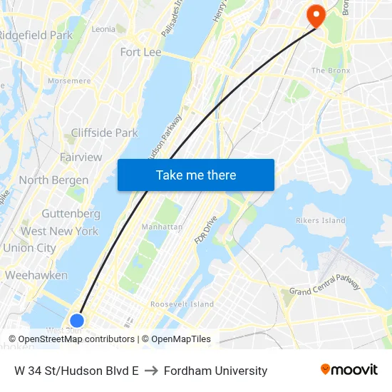 W 34 St/Hudson Blvd E to Fordham University map
