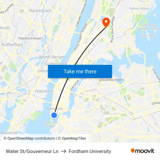 Water St/Gouverneur Ln to Fordham University map