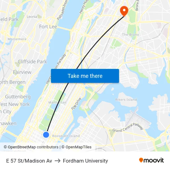 E 57 St/Madison Av to Fordham University map