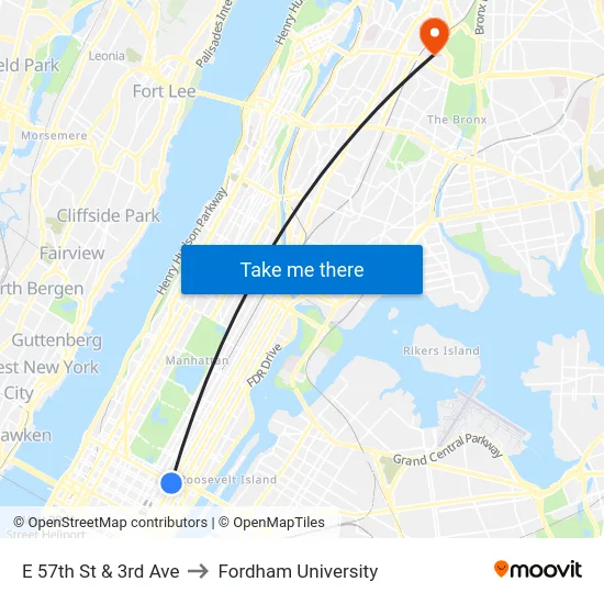 E 57th St & 3rd Ave to Fordham University map