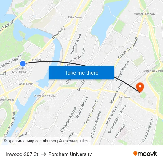 Inwood-207 St to Fordham University map