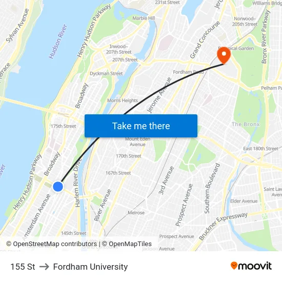 155 St to Fordham University map