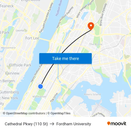 Cathedral Pkwy (110 St) to Fordham University map