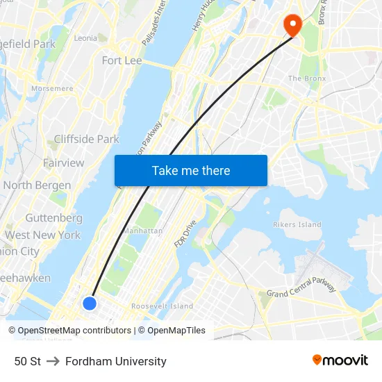 50 St to Fordham University map