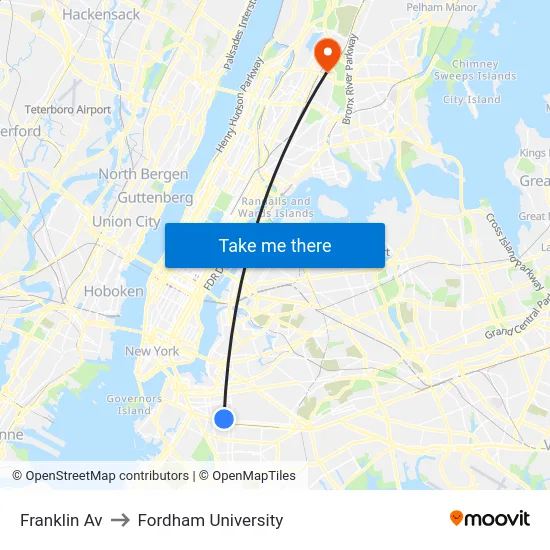 Franklin Av to Fordham University map