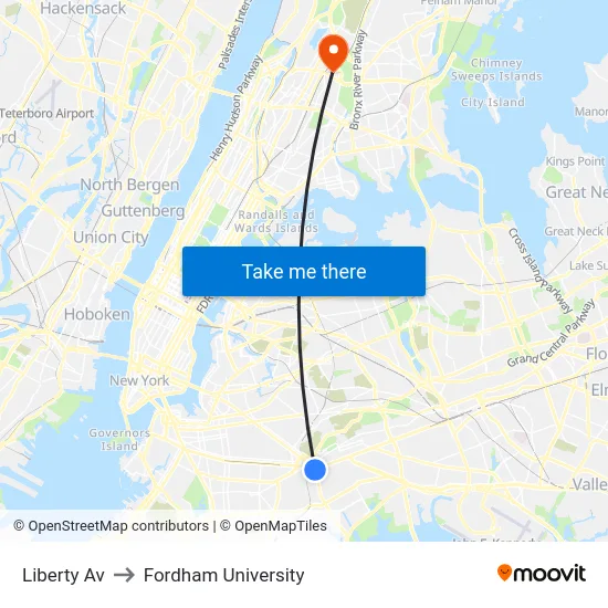 Liberty Av to Fordham University map