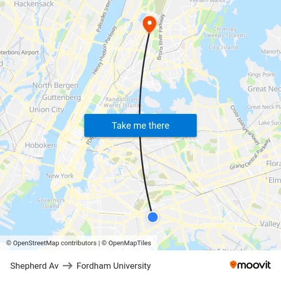 Shepherd Av to Fordham University map
