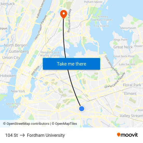 104 St to Fordham University map
