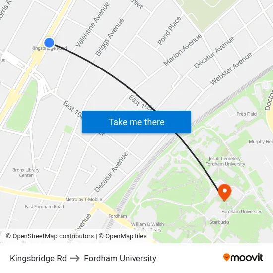 Kingsbridge Rd to Fordham University map