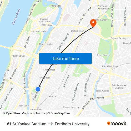 161 St-Yankee Stadium to Fordham University map