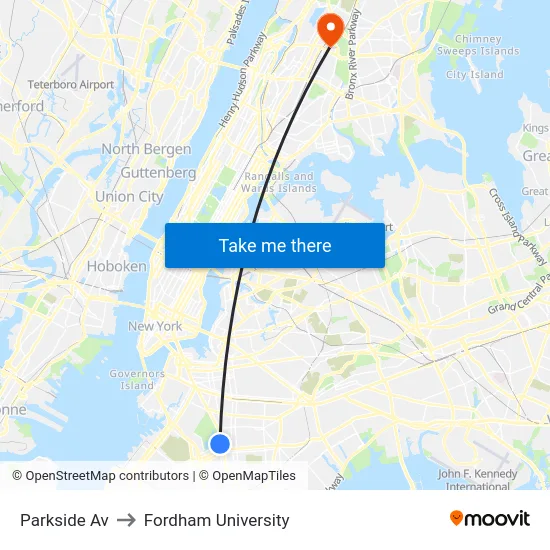 Parkside Av to Fordham University map