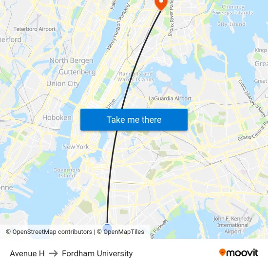 Avenue H to Fordham University map