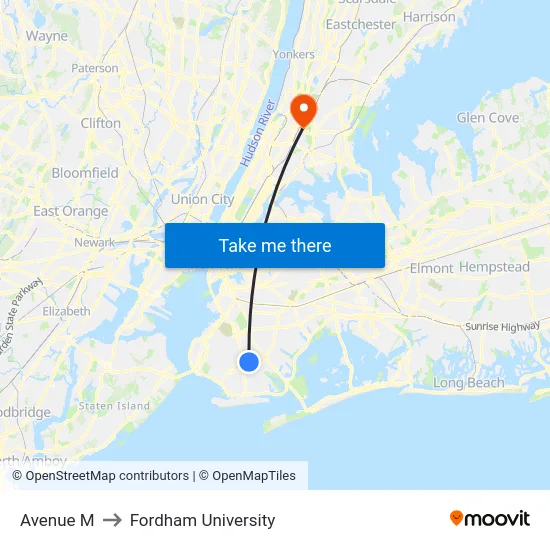 Avenue M to Fordham University map