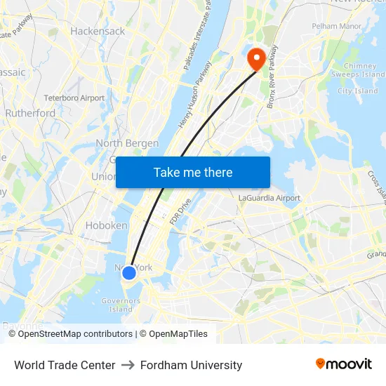 World Trade Center to Fordham University map